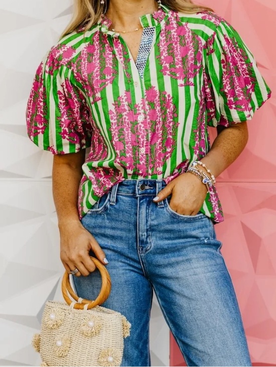 THML Tops - THML Stripe Floral Puff-Sleeve Top